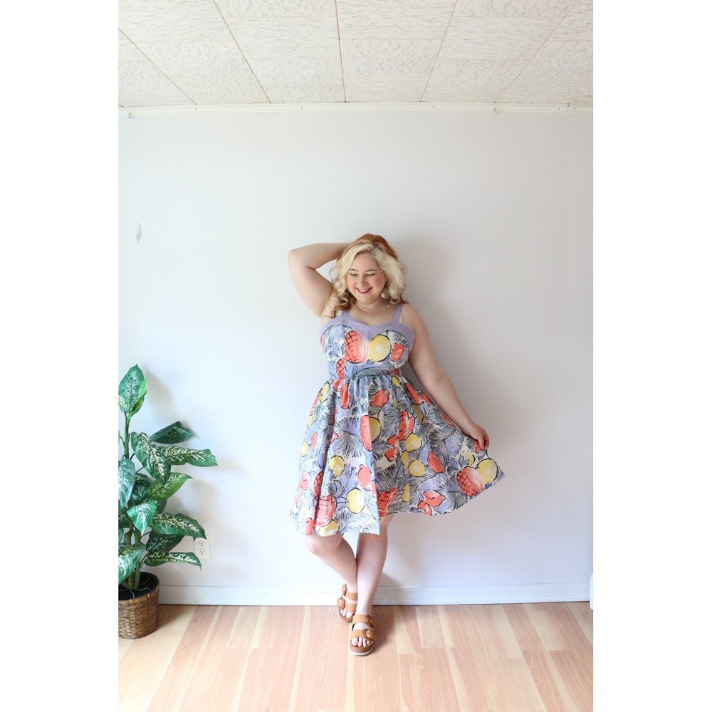 Vintage Tropical Fruit Dress Lavender Pineapple Print Rockabilly Fit Flare - Picture 6 of 8